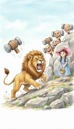 Furious at what they did to the Scarecrow, the Lion roars like thunder and charges up. A head shoots out and the great Lion rolls down as if hit by a cannonball. Hundreds of Hammer-Heads cackle from behind every rock.