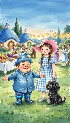 By evening she reaches a feast hosted by a rich Munchkin named Boq. They are celebrating their freedom from the Wicked Witch. "You wear silver shoes and white," says Boq. "You must be a friendly witch!" Dorothy rests the night, then sets off again on the long road.