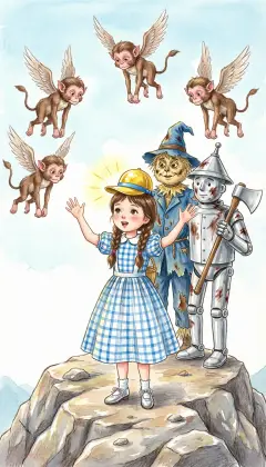 Dorothy puts on the Golden Cap, raises her arms, and speaks the magic words. "It is our last command," the Tin Woodman reminds her. One summons remains. In a rush of wings the whole band of Winged Monkeys lands before her, bowing low.