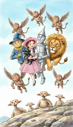 The Monkeys scoop up all four travelers and Toto and fly away over the hill. Below, the Hammer-Heads yell and shoot their heads up, but cannot reach them. Set safely down, the leader says: "This is the last time. Good luck to you."