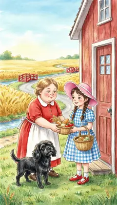 They reach the Country of the Quadlings, rich and happy and all painted bright red. A friendly farmer's wife gives them dinner, cake, cookies, and milk for Toto. "How far to Glinda's Castle?" "Not far. Take the road south."
