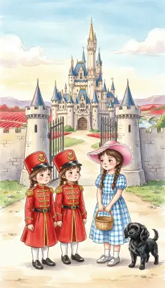Walking south past fields and bridges, they reach a very beautiful Castle. Three girl soldiers in red and gold guard the gates. "Why have you come?" "To see Glinda, the Good Witch." One takes their names and hurries inside. Soon she returns: Dorothy and her friends are to be admitted at once.