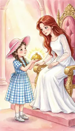 Dorothy tells of the cyclone, her friends, and all their adventures. "My greatest wish is to get back to Kansas," she says. Glinda can help, but asks for the Golden Cap in return. "Willingly!" Dorothy cries, handing it over.