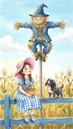 Past a cornfield, Dorothy spots a Scarecrow stuffed with straw, perched on a pole. She stares at his painted face, and one eye slowly winks at her. "Good day," says the Scarecrow in a husky voice. Dorothy can hardly believe it.