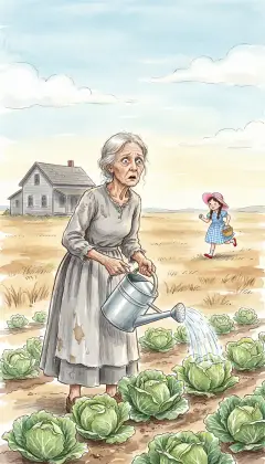 Aunt Em steps out to water the cabbages. She looks up, and her breath catches. A small figure is running across the prairie toward her.