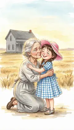 "My darling child!" Aunt Em cries. She folds Dorothy in her arms and covers her face with kisses. "Where in the world did you come from?"