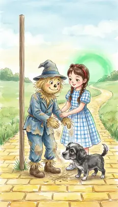 Dorothy lifts him off the pole. "I feel like a new man!" he says. He has no brains, only straw, and longs to ask Oz for some. So they walk the yellow brick road together, toward the Emerald City. "I fear only one thing," he whispers. "A lighted match."