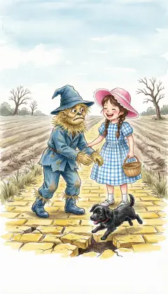 The yellow road turns rough and broken. Having no brains, the Scarecrow walks straight into a hole and tumbles flat. Toto leaps the gaps; Dorothy lifts her friend up, both laughing. The farms grow fewer, the country lonelier with every step.