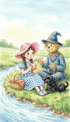 At noon they rest by a little brook and Dorothy eats her bread. The Scarecrow never eats, his mouth is only painted straw. She tells him of gray Kansas and the cyclone that carried her here. "There is no place like home," she says. He cannot understand why.