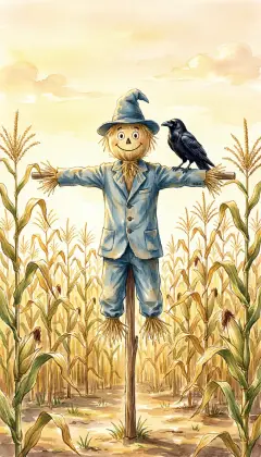 The Scarecrow tells his story: made just two days ago. Set on a pole in a cornfield, he could not move or climb down. A wise old crow saw he was only straw and ate the corn. "Brains are the only thing worth having," the crow tells him.