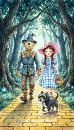 Toward evening they reach a great forest, branches meeting over the road. "If this road goes in, it must come out," the Scarecrow reasons. Darkness falls and Dorothy cannot see at all. She takes the Scarecrow's arm, for he and Toto see well in the dark.