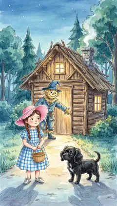 Deep in the dark, the Scarecrow spots a little cottage of logs and branches among the trees. Worn out, Dorothy creeps inside and gathers a soft bed of dried leaves. With Toto curled warm against her, she sinks into a deep, sound sleep. The Scarecrow, who never tires, stands watch by the door until morning.