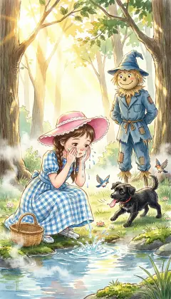 Sun pours through the trees, and Dorothy wakes beside her patient Scarecrow. She washes her face at a clear spring and shares the last of the bread with Toto. The basket is nearly empty now. Fed and rested, they set off again, deeper into the silent trees.