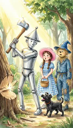 Following a deep groan through the trees, they find a man made entirely of tin, frozen with his axe in the air. Toto barks at his tin legs; Dorothy and the Scarecrow stare in surprise. "I've been groaning over a year," he says, "and no one has come."