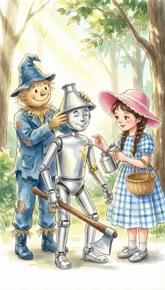 "Get an oil-can," he begs, "my joints are rusted stiff." Dorothy oils his neck and arms; the Scarecrow works each joint until it moves. With a happy sigh, the Tin Woodman lowers his axe at last.