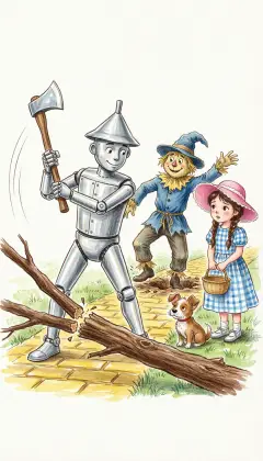 When branches block the road, the Tin Woodman chops a clear path for them all. The Scarecrow tumbles into a hole. "My head is only straw," he laughs. "Brains are not the best thing," says the Woodman. "Let me tell you my story."