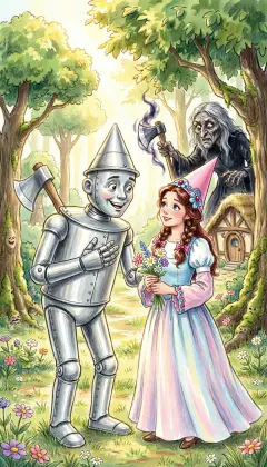 Long ago he loved a Munchkin girl, but a Wicked Witch enchanted his axe. Piece by piece it took him, until a tinsmith made him all of tin, with no heart left inside. "I'll ask Oz for a heart," he vows, "for happiness is the best thing in the world."