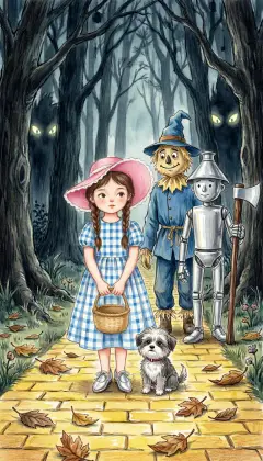 Dorothy and her friends push deep into a dark, tangled forest. The yellow brick road is buried under dead leaves and branches. Now and then a wild growl echoes from the trees. Toto stays close.