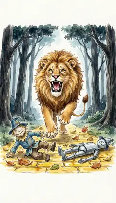 Suddenly a terrible roar splits the air: a great Lion bounds onto the road! One swipe sends the Scarecrow spinning to the edge. He strikes the Tin Woodman, but his claws can't dent the tin.