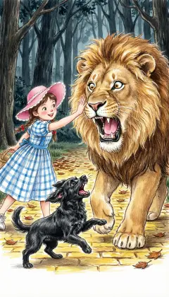 Toto charges the beast, barking, and the great Lion opens his jaws! Fearless for Toto, Dorothy rushes in and slaps the Lion right on the nose. "Don't you dare bite Toto! A big beast, picking on a poor little dog!"