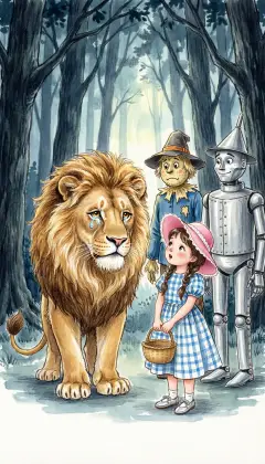 "I know it," the Lion sighs, hanging his head. "I'm nothing but a coward." He roars to scare every creature away, yet his own heart pounds with fear. Dorothy stares up at the great beast, no bigger fear left in her, only wonder.