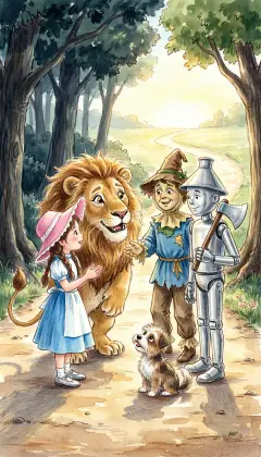 Each friend has a wish for the Great Oz: brains, a heart, a way home to Kansas. "Could Oz give me courage?" the Lion asks. "Just as easily!" they tell him. So the Cowardly Lion joins the journey, striding proudly at Dorothy's side.