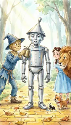 Later the Tin Woodman steps on a tiny beetle and weeps with sorrow. His tears trickle into his jaw hinges, and rust them shut tight! The Scarecrow oils his jaw free. "A lesson," he says, "to watch where I step."