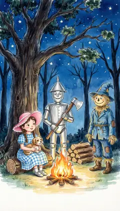 Night falls and there are no houses, so the travelers camp beneath a great tree in the forest. The Tin Woodman chops wood, and Dorothy builds a fire that keeps her and Toto warm. The Scarecrow stays far from the sparks, then tucks Dorothy under dry leaves to sleep.