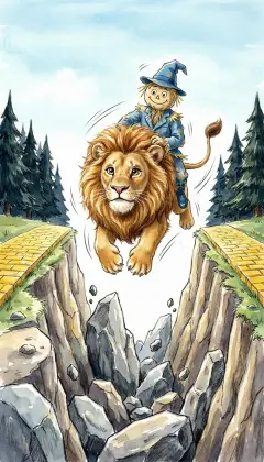Morning comes, and they walk on, until the road suddenly drops away before them. A huge ditch splits the road, and the Cowardly Lion gathers himself for a mighty leap! "I think I could jump it," he says, "and carry you over one at a time." With a great spring he shoots through the air and lands safely on the far side. One by one he ferries them all across, then rests, panting like a tired dog.