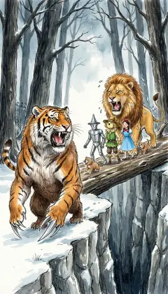They walk on until a wider gulf yawns ahead, too broad to leap. "I'll fell a tree to bridge it," says the Tin Woodman. A broader gulf blocks the way, and across the fallen-tree bridge, danger appears. The Tin Woodman had felled a tall tree so it dropped across the gap as a bridge. Now two Kalidahs charge it: bear bodies, tiger heads, claws like long knives. The Lion roars so terribly the beasts freeze, then rush the bridge anyway.