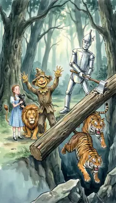 "Wait!" cries the Scarecrow, who has a clever plan. The Tin Woodman chops the near end of the log just as the Kalidahs reach the middle. The bridge crashes down, carrying the snarling beasts onto the rocks below. Safe at last, the Lion's heart still pounds with fright.