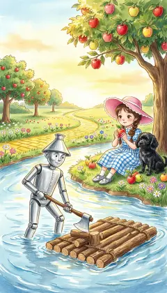 The forest thins, and a broad swift river appears. Beyond it lie green meadows, bright flowers, and trees full of delicious fruit. The Tin Woodman builds a raft while Dorothy feasts on ripe fruit at last. Night comes before the raft is done, and Dorothy dreams of Oz and home.