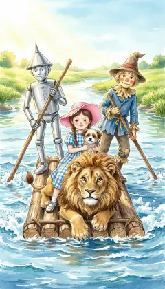 A new day, a fresh start. The friends push off across the wide river toward the Emerald City. But the swift current grabs the raft and sweeps it far from the yellow brick road. The water grows too deep for their poles. "This is bad," says the Tin Woodman.