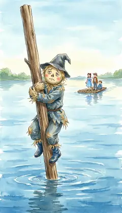 The Scarecrow pushes too hard and his pole jams in the mud. The raft slips away, leaving him clinging high above the water. "Good-bye!" he calls. Stranded and alone, he fears he will never get his brains.