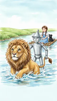 "Hold fast to my tail!" roars the Lion, plunging into the water. He swims with all his might, towing the raft as the Tin Woodman grips on. At last they reach the grassy shore, tired but safe.