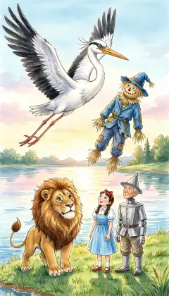 A kind Stork swoops down to the stranded Scarecrow. "He's light as straw!" cries Dorothy. The Stork lifts him by the arm and carries him to shore. Reunited, the Scarecrow hugs everyone and sings for joy.