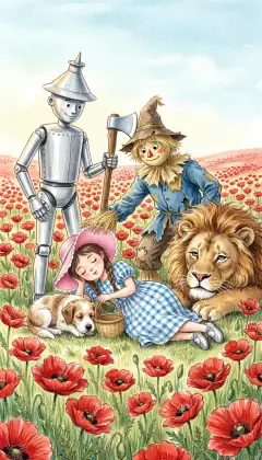 The path fills with dazzling scarlet poppies, beautiful and sweet-smelling. But their scent is deadly. Dorothy, Toto and the Lion sink into a magical sleep. The straw-and-tin friends, who cannot sleep, carry Dorothy from the poppies to safety. The mighty Lion is too heavy to lift, and they must leave him among the flowers.