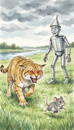 A snarling yellow Wildcat tears across the meadow, red eyes blazing. Racing ahead of it is one tiny gray field mouse, running for its life. The Tin Woodman lifts his head and sees the chase.