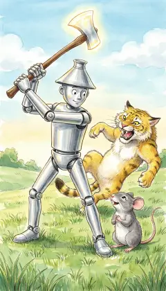 Up swings the Tin Woodman's axe, and the fierce Wildcat is stopped. The little mouse stops and squeaks, 'Thank you for saving my life!' 'I have no heart,' he says, 'so I help anyone who needs a friend.'