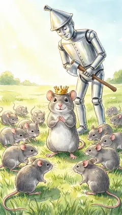 "It's only a little mouse," says Dorothy, peering down at the tiny creature. 'Only a mouse?' she cries. 'I am the Queen of all the Field Mice!' Dozens of mice rush up and bow so low they nearly tip over. 'This tin man saved me,' she declares. 'Now you must all serve him.'
