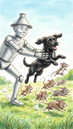 Suddenly Toto wakes and bounds straight into the crowd of mice! They scatter everywhere as he barks with delight. The Tin Woodman scoops him up. 'Come back! Toto won't hurt you.'