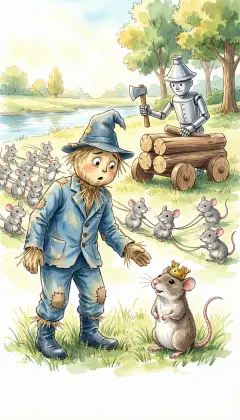 The Scarecrow has an idea: the mice can help save the Cowardly Lion. 'Bring thousands of mice, each with a long piece of string,' he says. The Tin Woodman builds a wooden truck with log wheels by the trees.