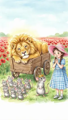 Thousands of mice harness up and haul the sleeping Lion onto the truck. Pushing and pulling, they roll him out of the poppies to fresh air. Dorothy thanks them warmly, so glad her big friend is saved. 'If you ever need us, call,' says the Queen, and away she runs.