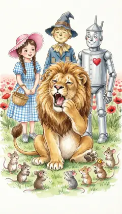 The Cowardly Lion opens his eyes and rolls free of the poppies. He is alive! The little field mice dragged him to safety. "Such small things saved me," he laughs. "How strange it all is!"