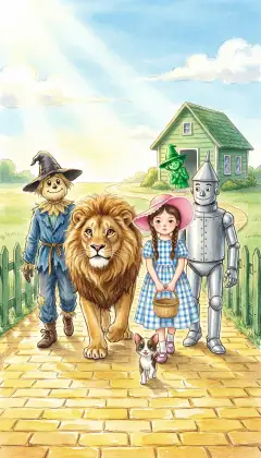 Refreshed, they find the yellow brick road again and march on. Now everything is green: fences, houses, even the peaked hats. People watch but keep away, afraid of the great Lion. "This must be the Land of Oz," Dorothy says. As dusk falls they stop at a green farmhouse and knock, hoping for food and a place to rest.