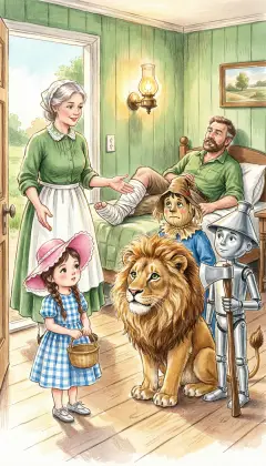 A kind woman lets them in, and a man with a hurt leg questions them. "Are you sure Oz will see you? He lets no one into his presence." Oz is a Great Wizard who can take any shape: bird, elephant, or fairy. Still, they must try, or the whole journey is for nothing.