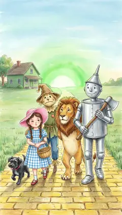 After warm porridge and a safe night, they set off at sunrise. A beautiful green glow brightens the sky just ahead. "That must be the Emerald City!" Dorothy cries.