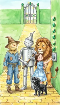 By afternoon they reach a high green wall around the City. A great gate blazes with emeralds, dazzling even the Scarecrow. Dorothy pushes a button and a silvery bell tinkles inside. Slowly, the big gate swings open.