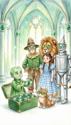 Inside waits the little green Guardian of the Gates. "Since you demand to see Oz, I must take you to his Palace." First, green spectacles are locked over every pair of eyes, even Toto's. Then he opens the inner gate to the streets of the Emerald City.