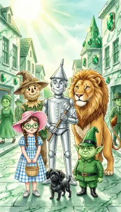 Even behind green spectacles, the Emerald City dazzles Dorothy and her friends. Every house is green marble studded with sparkling emeralds, every window pane green glass. Green-skinned people stroll past, and children hide from the Lion. No one says a word.